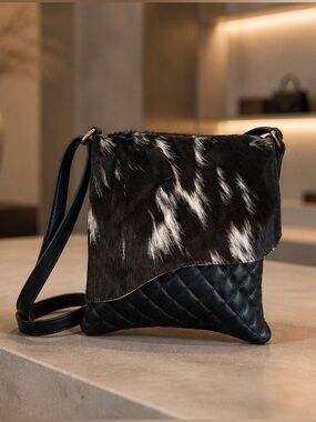 Genuine Cowhide Leather Crossbody Bag Western Quilted Flap Black New